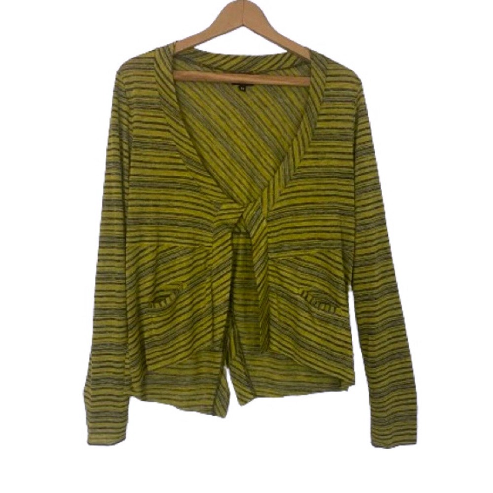 Staples Womens Chartreuse Striped Magnet‎ Front Cardigan Sweater Size M USA Made